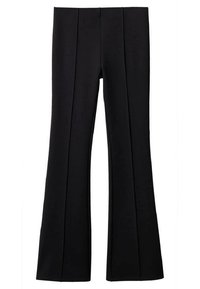 Zwarte uitlopende broek gemaakt van textuurstof, met voorplooien en een hoge tailleband. Een gladde afwerking zonder zichtbare hardware.