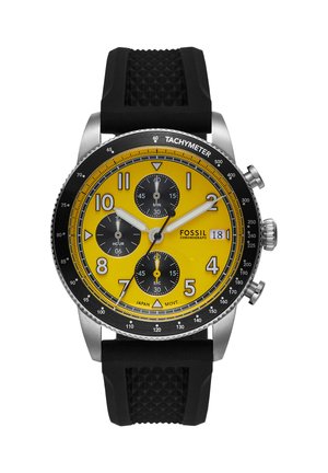 Gelbes Zifferblatt Fossil Chronograph Uhr mit schwarzen Hilfszifferblättern, Tachymeter-Lünette, Datumsanzeige, silbernem Gehäuse und schwarzem strukturiertem Kautschukarmband.