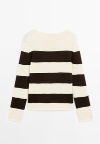Striped sweater featuring wide horizontal stripes in cream and dark brown. Knitted fabric with long sleeves and a rounded neckline.
