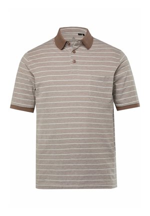 Braun und beige gestreiftes Kurzarm-Polohemd mit einem braunen Kragen, einer Knopfleiste mit drei Knöpfen und einer linken Brusttasche. Weicher Stoff.