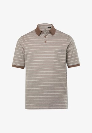 Braun und beige gestreiftes Kurzarm-Polohemd mit einem braunen Kragen, einer Knopfleiste mit drei Knöpfen und einer linken Brusttasche. Weicher Stoff.