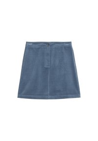 Falda mini de pana en azul polvoriento, con textura de ribetes verticales, cierre frontal de botones y una silueta ajustada con dobladillo liso.