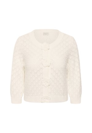 Fehér kötött kardigán három virágos gombbal és gyémántmintával, 3/4-es ujjakkal és kerek nyakkivágással.