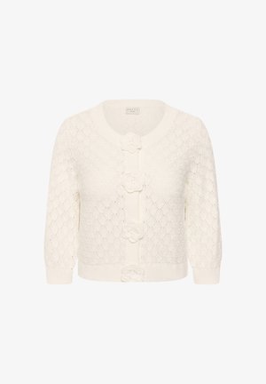 Bílý pletený cardigan se třemi květinovými knoflíky a diamantovým vzorem, s rukávy tříčtvrteční délky a kulatým výstřihem.