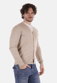 Cardigan beige lavorato a maglia con scollo a V e sei bottoni, caratterizzato da maniche lunghe e polsini a coste, abbinato a jeans blu.