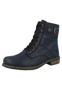 Bottine en simili cuir marine avec lacets noirs, œillets dorés, détail de boucle sur le côté, bout rond et un talon bas texturé.