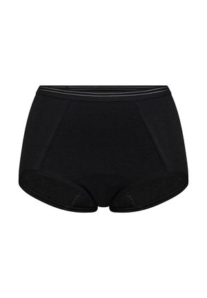 Black high-waisted underwear with a smooth texture, featuring a soft elastic waistband and mesh detailing at the leg openings.