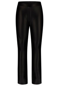 Schwarze, enganliegende Leggings aus einem glatten, elastischen Material mit einem breiten Bund und einem geraden Bein. Keine sichtbaren Muster oder Beschläge.