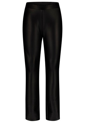 Zwarte, aansluitende legging gemaakt van een gladde, rekbare stof met een brede tailleband en een recht gesneden ontwerp. Geen zichtbare patronen of hardware.