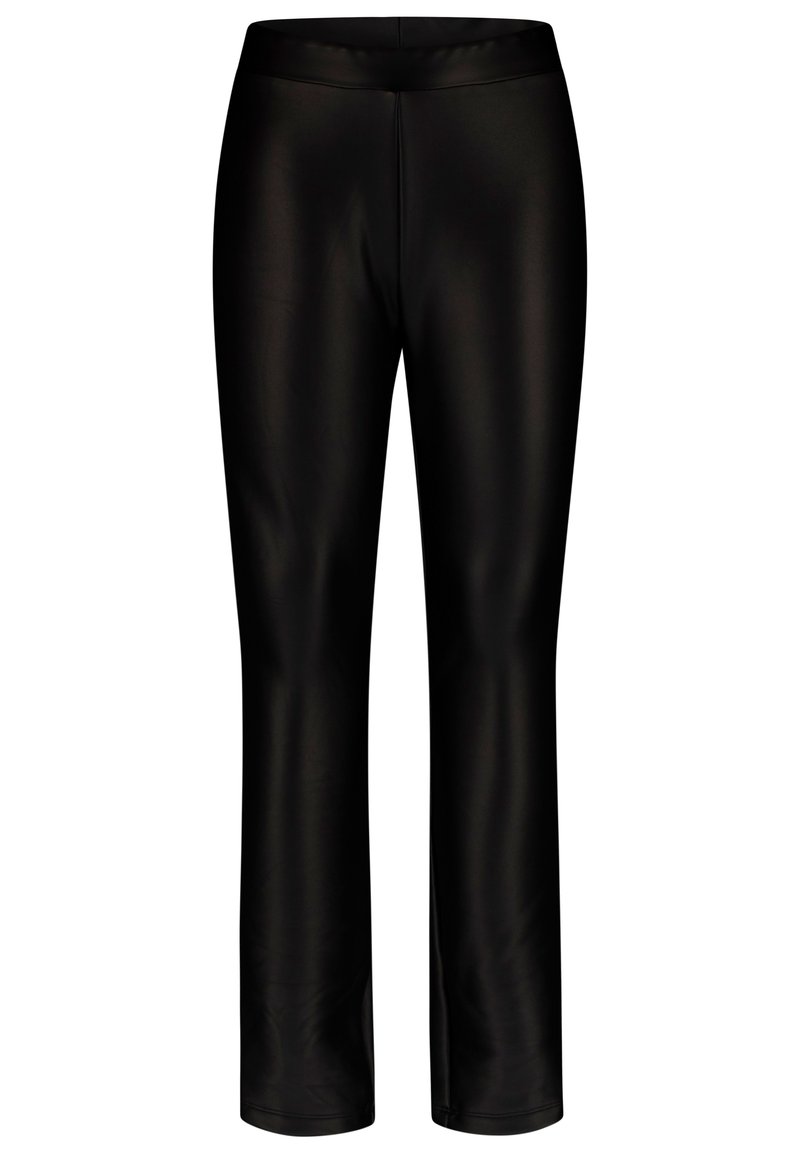 Schwarze, enganliegende Leggings aus einem glatten, elastischen Material mit einem breiten Bund und einem geraden Bein. Keine sichtbaren Muster oder Beschläge.