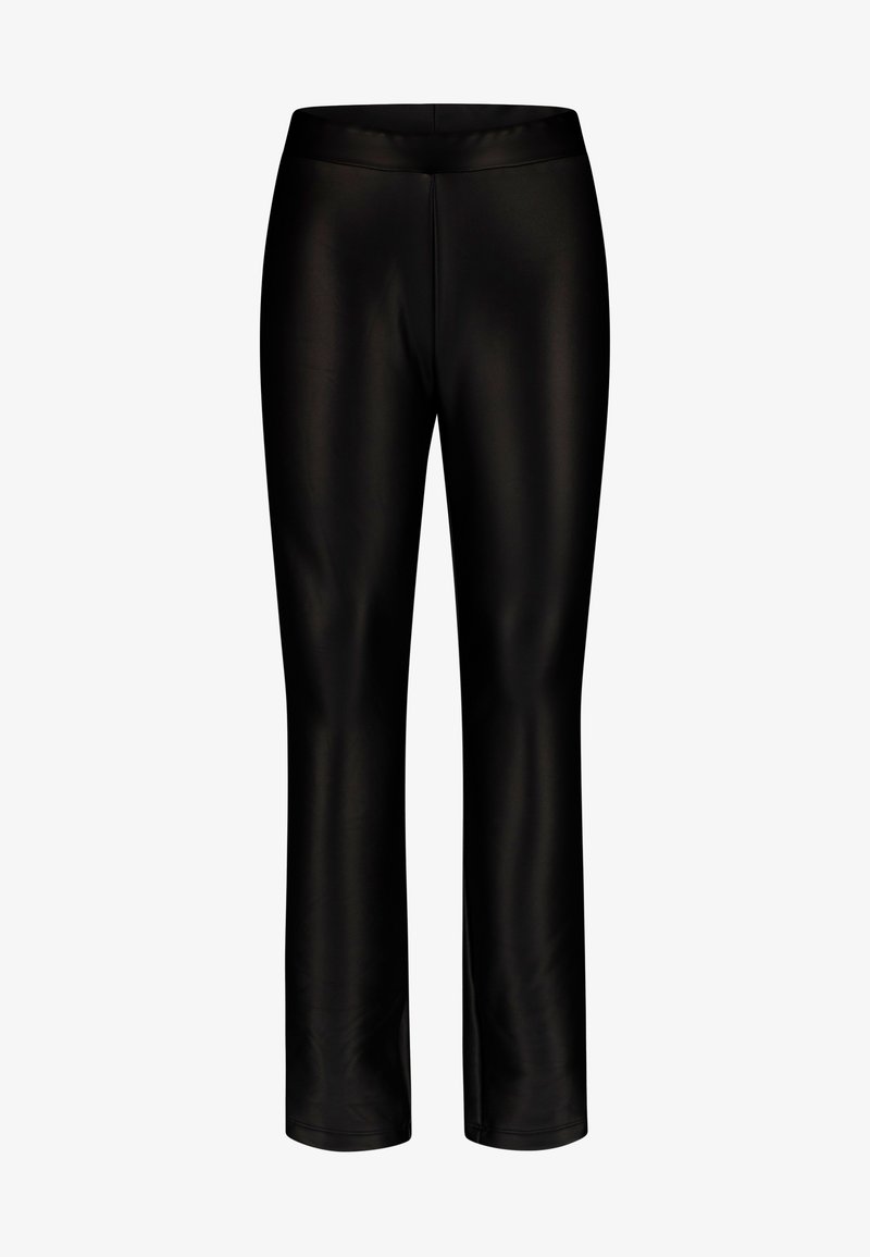 Schwarze, enganliegende Leggings aus einem glatten, elastischen Material mit einem breiten Bund und einem geraden Bein. Keine sichtbaren Muster oder Beschläge.