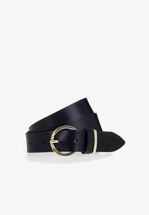 Navy leather belt with a gold circular buckle. Features a smooth texture and a pointed end, secured with a gold accent near the buckle.