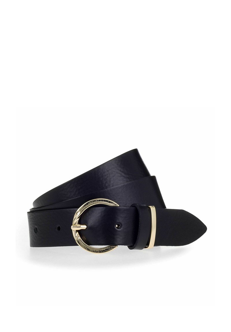 Cintura in pelle blu navy con fibbia circolare dorata. Presenta una texture liscia e una punta affusolata, fissata con un accento dorato vicino alla fibbia.