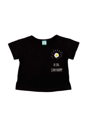 T-shirt noir pour tout-petit avec un motif marguerite et le texte « Be Cool Stay Happy » sur le devant, côté gauche.