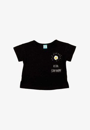 T-shirt noir pour tout-petit avec un motif marguerite et le texte « Be Cool Stay Happy » sur le devant, côté gauche.
