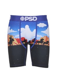 Kolorowe bokserki męskie z sylwetką kowboja i konia na tle zachodu słońca, z niebieską elastyczną talią i czarną fakturą.