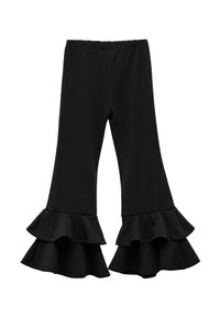 Schwarze, ausgestellt geschnittene Leggings mit Rüschensaum. Aus weichem Stoff gefertigt, mit einem elastischen Bund und geschichteten Rüschen an den Bündchen.