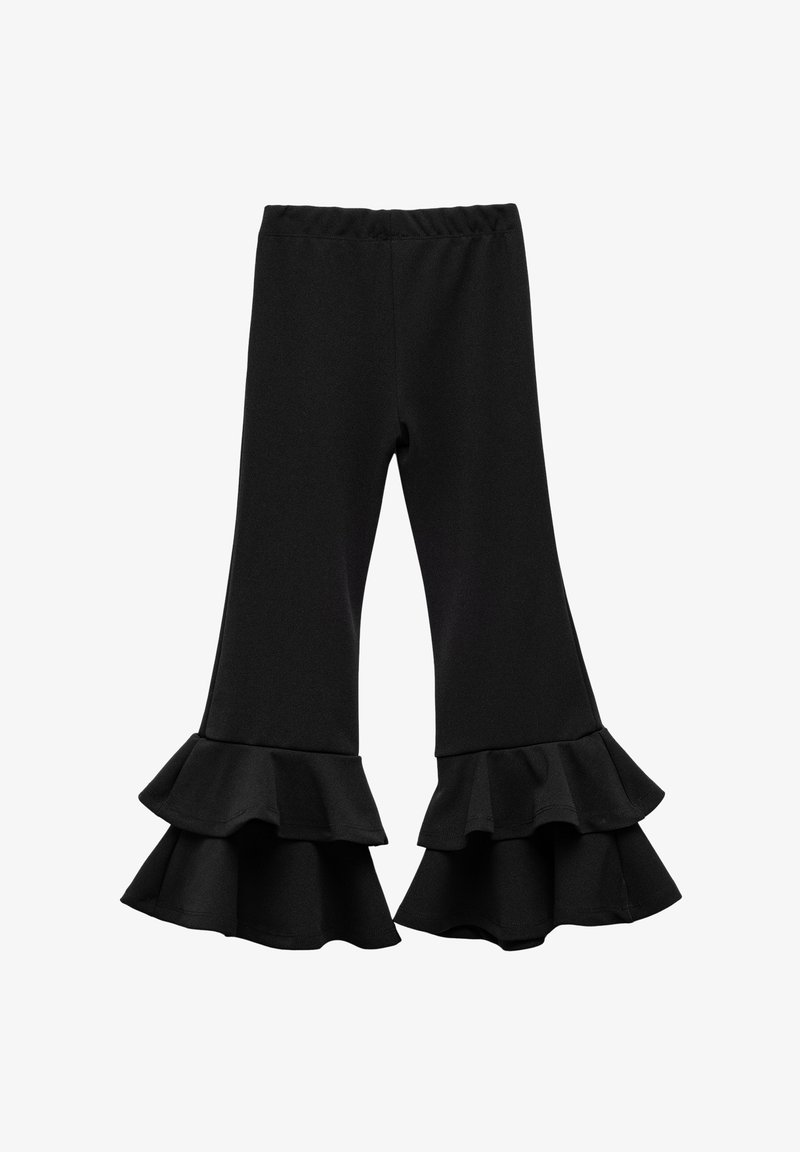 Zwarte flared leggings met een gerimpelde zoom. Gemaakt van zacht materiaal, met een elastische tailleband en gelaagd gerimpelde uiteinden.