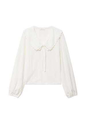 Biała bluzka z dużym, falistym kołnierzem, długimi bufiastymi rękawami, ażurową fakturą i wiązaniem z przodu.