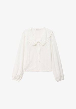 Biała bluzka z dużym, falistym kołnierzem, długimi bufiastymi rękawami, ażurową fakturą i wiązaniem z przodu.
