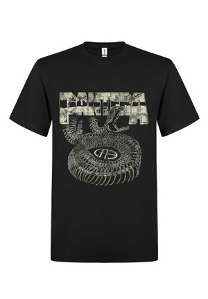 Zwarte katoenen t-shirt met een retro-stijl graphic van een slang en "PANTERA" in vervaagd witte typografie. Ronde halslijn, korte mouwen.