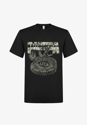 Sort bomulds t-shirt med et vintage-inspireret grafik af en slange og "PANTERA" i stimuleret hvid typografi. Rund halsudskæring, korte ærmer.