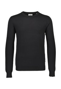 Maglione nero a maniche lunghe con scollo rotondo, realizzato in tessuto lavorato a maglia. Presenta polsini e orlo a coste, con un piccolo dettaglio logo sul petto.