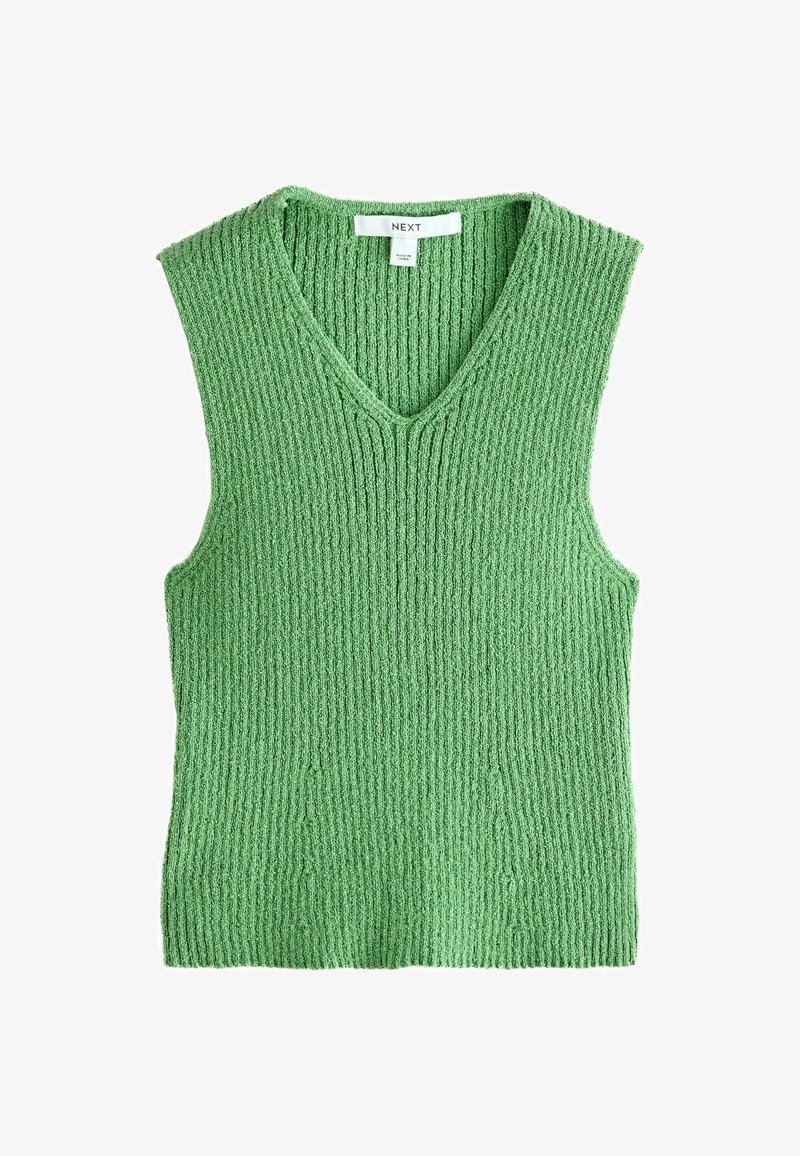 Gilet en tricot vert sans manches avec texture côtelée et col en V, étiqueté "NEXT", posé à plat sur un fond blanc.