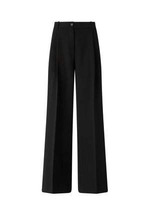 Zwarte wijde broek met een vlakke voorkant, enkele knoopsluiting, riemlussen en een gladde stoftextuur. Geen zichtbare patronen of versieringen.