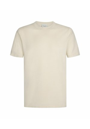 Camiseta de manga corta y cuello redondo en algodón color blanco roto. Diseño sencillo, color sólido, textura suave y dobladillo recto. Sin patrones ni adornos.