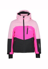 Giacca da sci rosa brillante e nera, con zip frontale, cappuccio e tasche con zip. Tessuto strutturato con design a blocchi di colore.