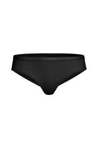 Svart bikini-liknande underkläder med en slät textur, låg skärning och subtilt midjeband. Tillverkad av ett flexibelt, mjukt tyg.