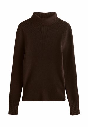 Brown ribbed turtleneck sweater with long sleeves. Features a soft texture and knit design. Cuffs have a braided pattern.