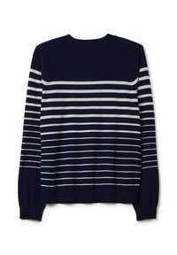 Maglione blu navy con maniche lunghe, caratterizzato da strisce orizzontali bianche di spessore variabile su corpo e maniche.