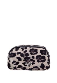 Kaatrin kuju kosmeetikakott musta ja halli leopardimustriga, hõbedane tõmblukk ja "BIMBA Y LOLA" logo esiküljel keskel.