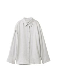 Light gray button-up shirt with a textured fabric, long sleeves, classic collar, and a relaxed fit. Front buttons and side vents are present.