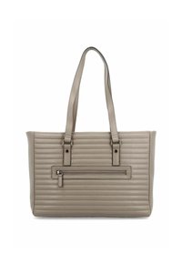 Bolso tote acolchado beige con dos asas resistentes, un bolsillo frontal con cremallera y acentos de cuero suave; forma rectangular con superficie texturizada.