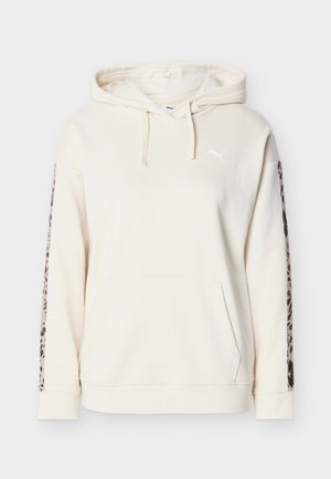 Crème-kleurige hoodie met voorzak, trekkoord in de capuchon, klein Puma-logo op de borst en luipaardprint strepen langs de mouwen.