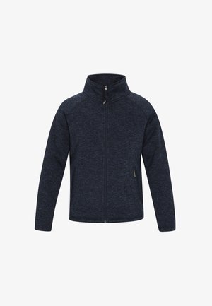 Chaqueta azul marino con cremallera, confeccionada en tela texturizada, con cuello alto, mangas largas y dos bolsillos laterales. Diseño minimalista sin estampados.