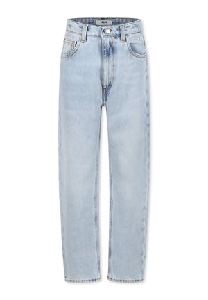 Jeans in denim blu chiaro con un design a gamba dritta, cinque tasche e chiusura con bottone. Presenta leggere sfumature e accenti di cucitura.