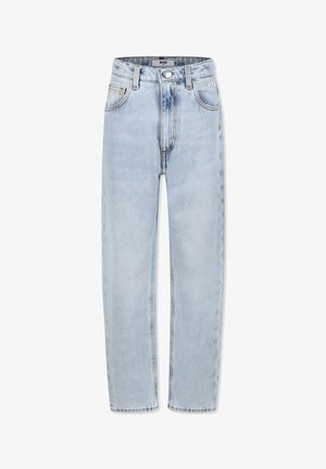 Jeans in denim blu chiaro con un design a gamba dritta, cinque tasche e chiusura con bottone. Presenta leggere sfumature e accenti di cucitura.