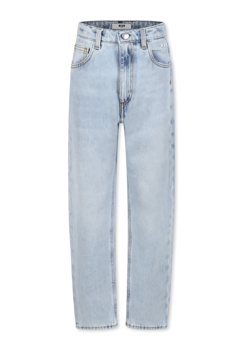 Jeans in denim blu chiaro con un design a gamba dritta, cinque tasche e chiusura con bottone. Presenta leggere sfumature e accenti di cucitura.