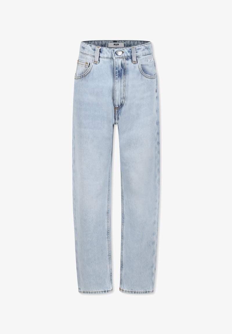 Jeans in denim blu chiaro con un design a gamba dritta, cinque tasche e chiusura con bottone. Presenta leggere sfumature e accenti di cucitura.