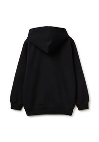 Sudadera negra hecha de una mezcla de algodón, que cuenta con un bolsillo frontal, capucha ajustable con cordón, puños y dobladillo acanalados.