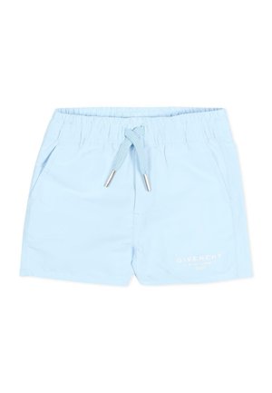 Jasnoniebieskie dziecięce kąpielówki z elastycznym pasem, sznurkiem z metalowymi końcówkami, bocznymi kieszeniami oraz logo Givenchy na lewej nogawce.