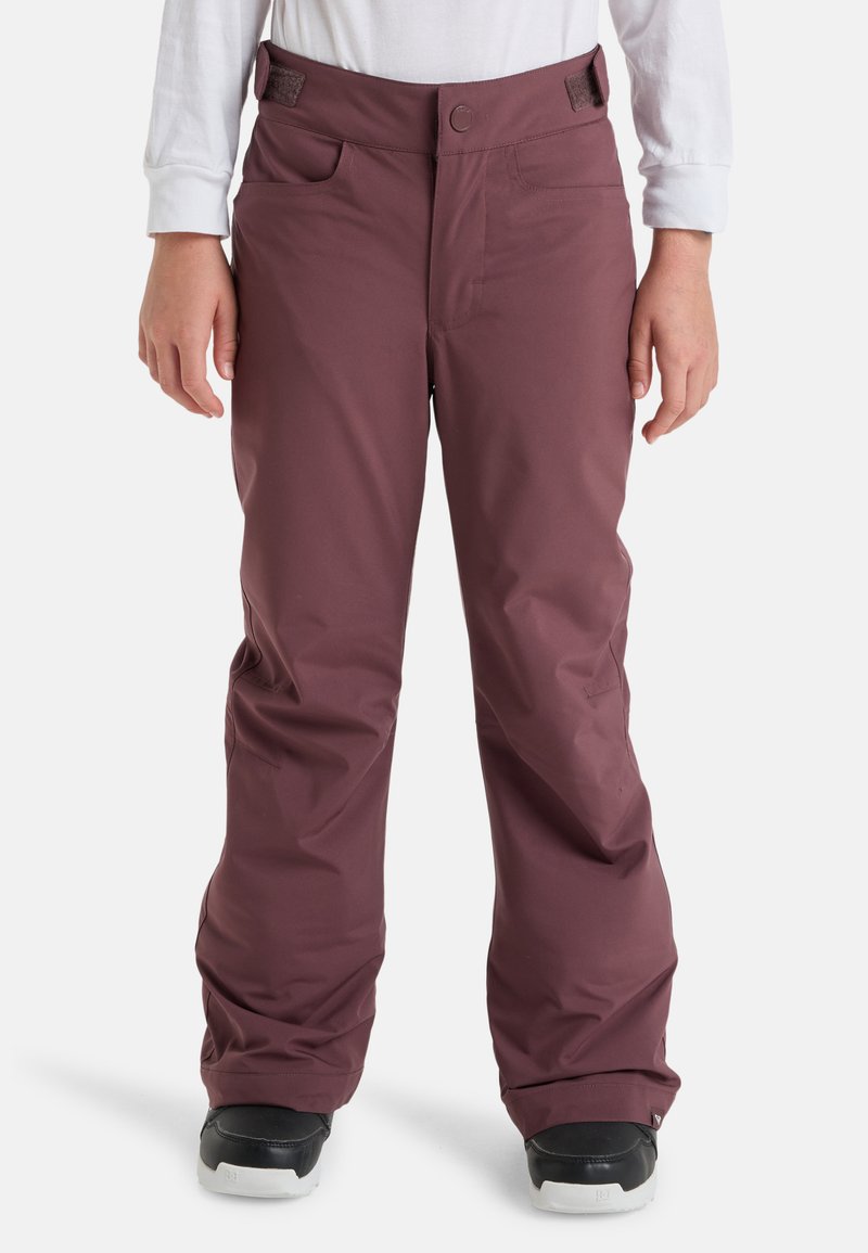 Burgunderfarbene Schneehosen aus robustem Material, mit geraden Beinen, seitlichen Taschen und einem Klettverschlussbund. Geeignet für winterliche Aktivitäten.