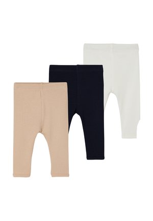 Three pairs of ribbed baby leggings in beige, black, and white, displayed flat against a white background.