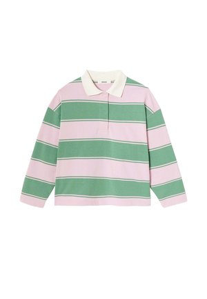 Polo à manches longues à rayures rose et verte, présentant un col blanc, en tissu de coton doux, et un design à coupe décontractée.