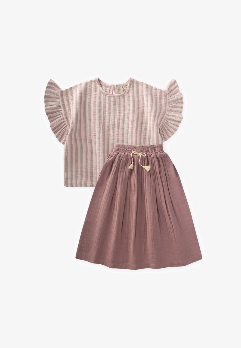 Two-piece outfit featuring a pink and white striped top with ruffled sleeves and a solid dusty rose skirt with an elastic waistband and tie.