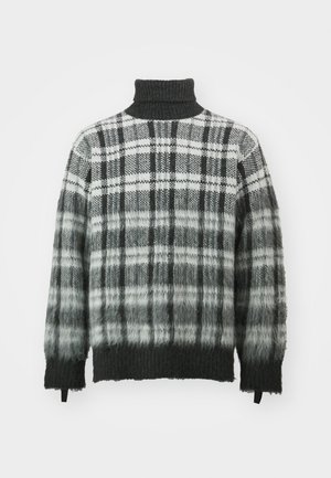 Maglione a collo alto a quadri grigio e nero con una finitura morbida e texturizzata. Presenta una vestibilità ampia e polsini a coste. Transizione di colore graduale nella parte inferiore.